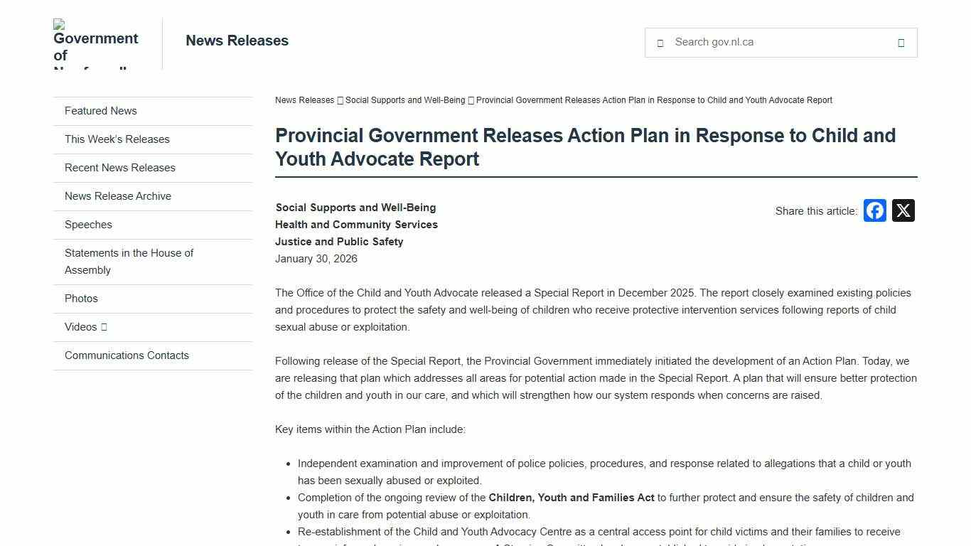Provincial Government Releases Action Plan in Response to Child and Youth Advocate Report   - News Releases